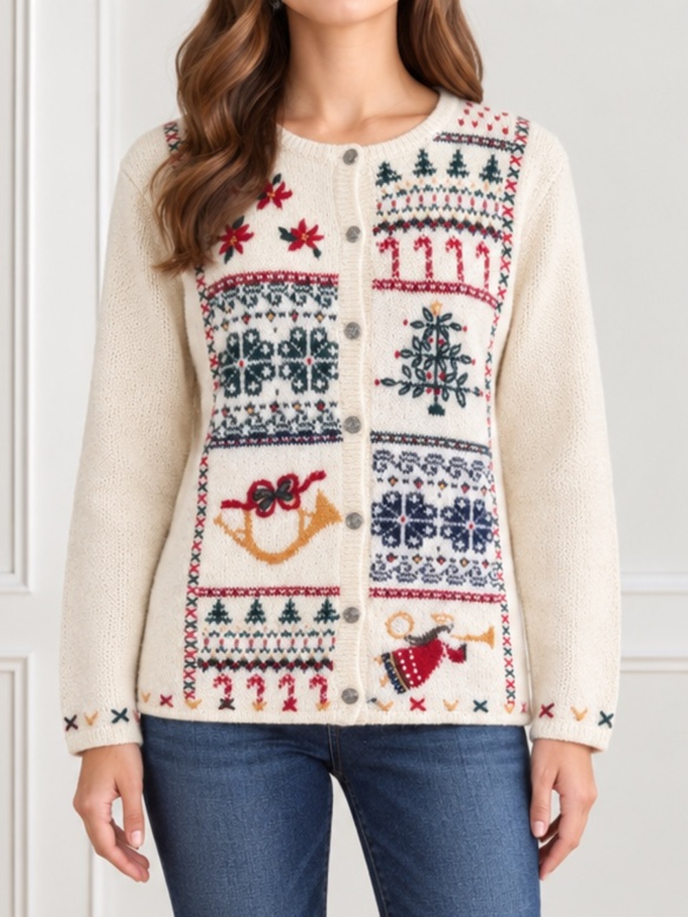 Vintage Woolrich Christmas Cardigan M Wool Mohair Embroidered Holiday Sweater